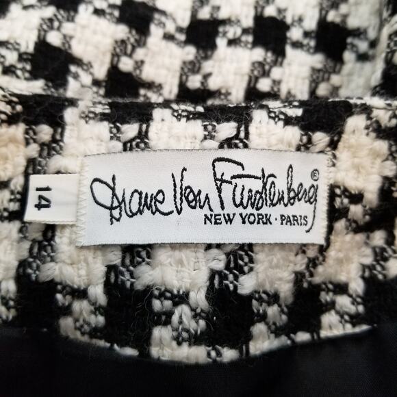 Diane Von Furstenberg Vintage Women's Houndstooth 2 Button Coat Black White 12 - Picture 3 of 8
